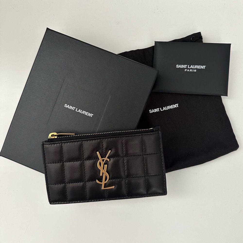 Saint Laurent CASSANDRE MATELASSÉ CARRÉ FRAGMENTS CARD CASE IN LAMBSKIN